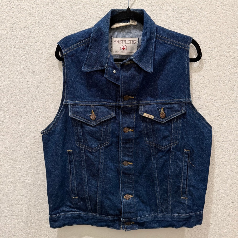 Vintage Sheplers Denim Vest Dark Wash Western Trucker Made in USA Large